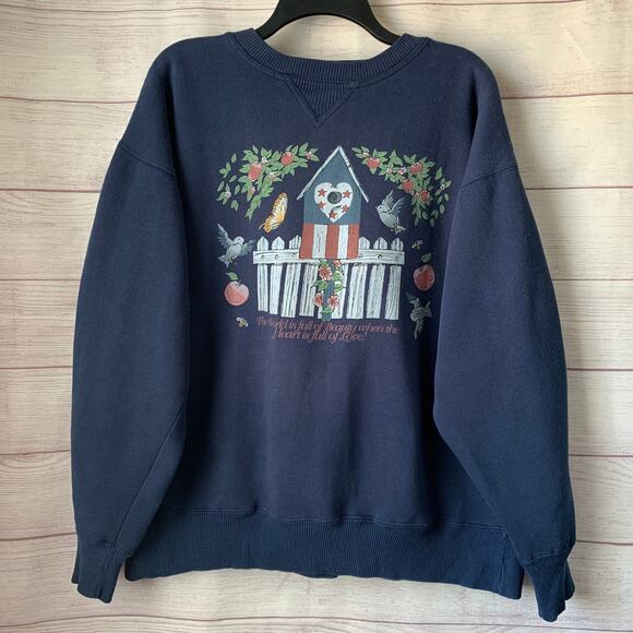 Vintage Timber Creek Sweatshirt Birdhouse Picket Fence Birds Apples 90s Size XL - Picture 1 of 16
